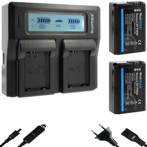2X Blumax Akku kompatibel mit Sony NP-FW50 [ 1030mAh ] + LCD Dual Charger für Alpha 7 7II 7R 7S II 6300 6500 / NEX-7 NEX-F3 / DSC RX10 IV // ZV-E10