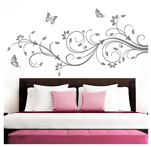 Grandora Wandtattoo XXL Blumenranken Schmetterlinge Blumen I Mittelgrau (BxH) 160 x 69 cm I Schlafzimmer Liebe Flur Wohnzimmer modern Aufkleber Wandaufkleber W1073