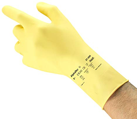 Ansell AlphaTec 87-086 Mehrzweckhandschuhe aus Latex, Chemikalienschutz, Lebensmittel Geeignet, Wiederverwendbare Gummihandschuhe, Hausputz, Haushalt, Kochen, Gelb, Größe S (1 Paar)