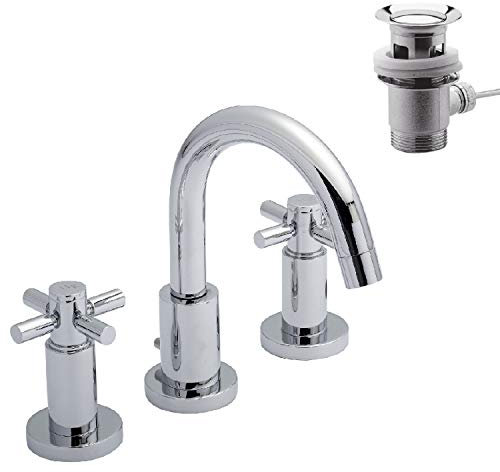 Hudson Reed TEX337 Tec Cross ǀ Modern Bathroom Minimalist Crosshead Handle 3 Tap Hole Basin Mixer Tap with Swivel Spout and Pop-up Waste, 190mm x 130mm, Chrome