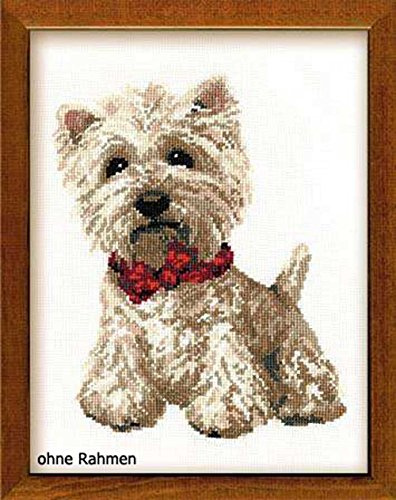 Riolis Kreuzstich-Set West Highland Weiß, Zählmuster | Hunde-Design, 15 Karat weißer Zweigart-Aida, 12 Woll-/Acrylfarben, mittlere Stufe, Diagramm und Nadel im Lieferumfang