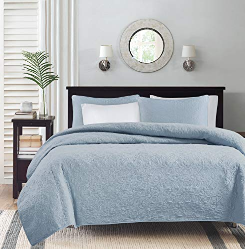Madison Park Quebec Bettdecke, doppelseitig, klassisches Bohemian-Design im Landhaus-Stil, hypoallergen, für alle Jahreszeiten, Doppelbett-Größe XL, Blau King/Cal King blau
