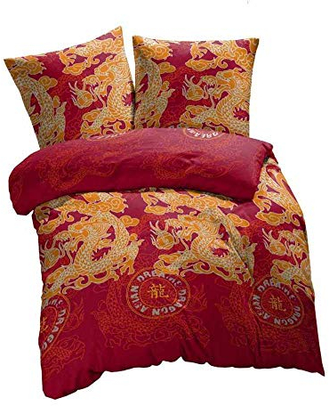 ETÉREA Microfaser Bettwäsche 155x220cm + 80x80cm - Ganzjahresbettwäsche Bettbezug Drache - Bettwäsche-Set mit Kissen 155x220cm Bettbezug + 80x80cm Kissenbezug Microfaser - OEKOTEX Made in Green - Rot