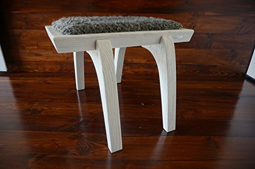 MILABERT Minimalistisch Weiß Eichenholz Hocker/Stuhl mit echtem geschweiften Silber Schwedischen Gotland Schaffell - Designermöbel (S051604)