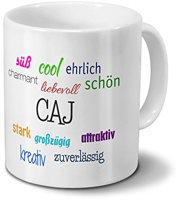 printplanet Tasse mit Namen CAJ - Motiv Positive Eigenschaften - Namenstasse, Kaffeebecher, Mug, Becher, Kaffeetasse - Farbe Weiß