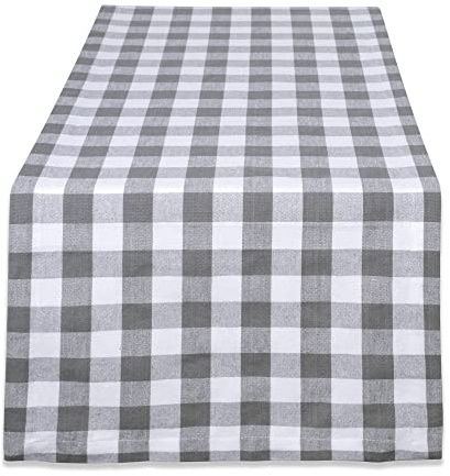 DII Chemin de Table à Carreaux 100% Coton, Lavable en Machine, 35,6 x 182,9 cm, Gris