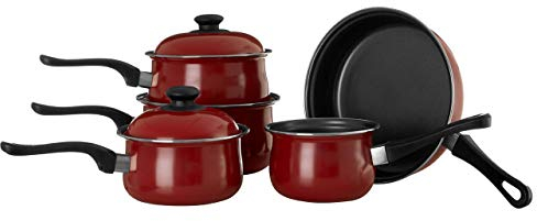 5 PC PIECES RED CARBON STEEL BAKELITE HANDLE KITCHEN COOKWARE NON STICK SAUCEPAN FRYING PAN MILK PANS SET WITH LID