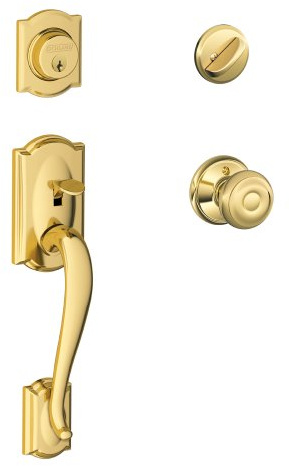 SCHLAGE Camelot Single Cylinder Handleset and Georgian Knob, Bright Brass (F60 CAM 605 GEO)