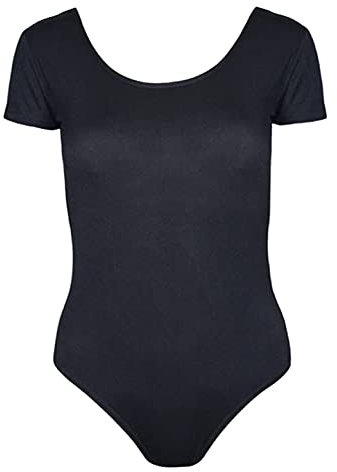 Womens Plain Short Cap Sleeve Ladies Popper Stud Fastening Round Scoop Neckline Stretch Bodysuit Leotard T-Shirt Top Black Size 12 - 14