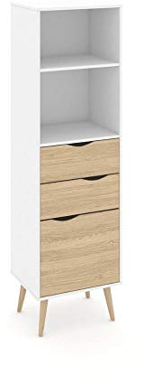 Bücherregal im skandinavischen Stil mit zwei Regalen, zwei Schubladen und einer Tür, Weiß und Eiche, Maße 50 x 171 x 39 cm