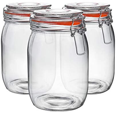 Argon Tableware Glass Jars with Airtight Metal Clip Lid - 1000ml/33.8oz - 6 Pack - 4 Colour Seals - Large Kitchen Storage Container Round Preserving Jar for Pickling, Chutney, Jam, Coffee