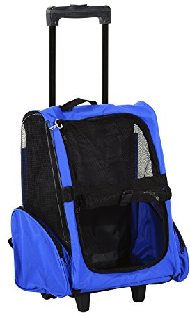 PawHut Pet Travel Backpack Bag Cat Puppy Dog Carrier w/ Trolley and Telescopic Handle Portable Stroller Wheel Luggage Bag (Blue)