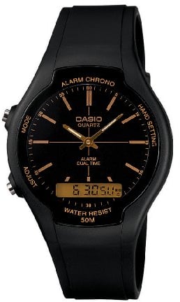 Casio Herren Quartz Armbanduhr, 38.00mm Gehäusegröße mit schwarz analog/digital Zifferblatt und schwarz Rubber Strap Armband AW-90H-9EVEF