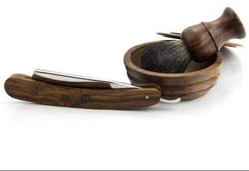 Set hecho a mano de estilo antiguo de madera - 4 productos del set de afeitarse: brocha de afeitar, navaja recta, bowl para jabon de afeitar, y jarra para agua caliente- Coleccion Sophist