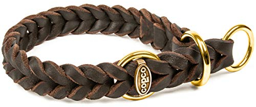 CopcoPet Hundehalsband Würger 25–30 cm x 15mm Braun – Geflochtenes Halsband mit Zugstopp & Messing Ring – Aus robustem Fettleder – Für kleine Hunde – Weiches Lederhalsband fürs Training