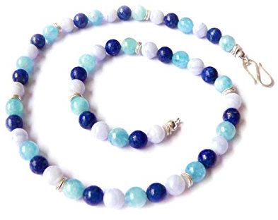 Aquamarin Chalcedon Lapislazuli Echtsilber Buttons Edelstein Kette Halskette Collier Größe 45 cm