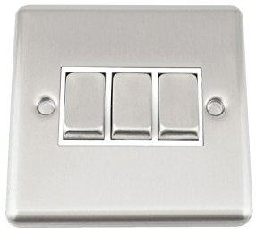 A5 Light Switch - Triple 3 Gang 2 Way - Satin Brushed Chrome - Classic Style White Insert Metal Rocker Switch