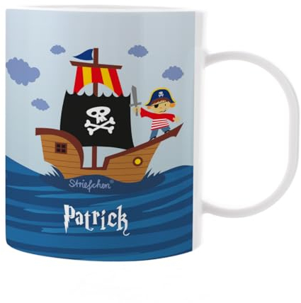 Striefchen® Kunststoff Kindertasse für Jungen mit Wunschname bedruckt - verschiedene Motive Piratenschiff