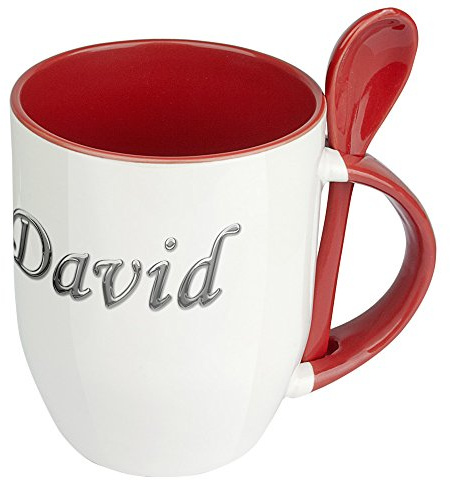 digital print Namenstasse David - Löffel-Tasse mit Namens-Motiv Chrom-Schriftzug - Becher, Kaffeetasse, Kaffeebecher, Mug - Rot