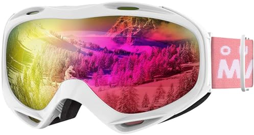 OutdoorMaster Premium Skibrille, Snowboardbrille Schneebrille OTG 100% UV-Schutz, helmkompatible Ski Goggles für Damen&Herren/Jungen&Mädchen(Weißer Rahmen + VLT 13% Pink Gläser mit vollem REVO Pink)
