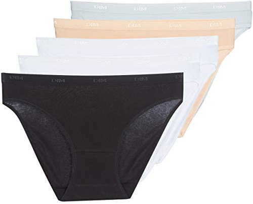 DIM Culotte Femme Les Pockets EcoDIM Coton Classique x5, Noir/Peau/Blanc/Gris/Blanc, M