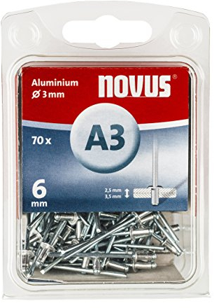 Novus Aluminium Blindnieten 6 mm, 70 Nieten, Ø 3 mm, 2.5-3.5 mm Klemmlänge, zur Befestigung von Stoffen und Leder