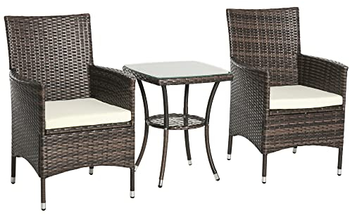 Outsunny 3 Pieces Rattan Bistro Set, Wicker Garden Furniture Set, Brown