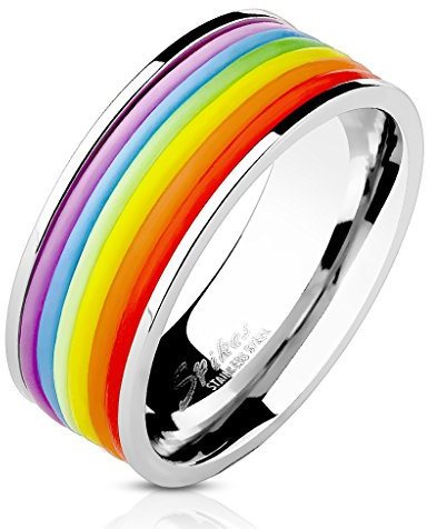 BlackAmazement Damen, Herren Rainbow Ring Edelstahl Gummi Rubber Pride Regenbogen Streifen Band (18.1)