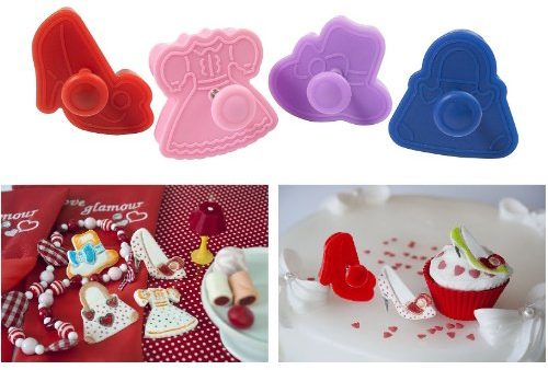 Ausstecher für Tortendekoration – 4 Stempel Schuh Tasche Kleid Hut mit Auswerfer – Cake Design