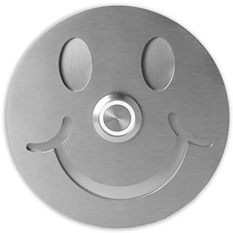 Jung Edelstahl Design - Lustige Edelstahl Türklingel Smiley Klingelschild rund 10x10cm Klingeltaster mit LED Klingelplatte V2a Edelstahl geschliffen Smilie Klingel Haustür(weiss)
