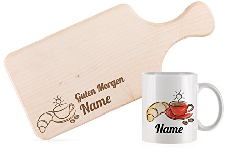 Herz & Heim® Frühstücksset bestehend aus graviertem Frühstücksbrett und Tasse mit Wunschnamen