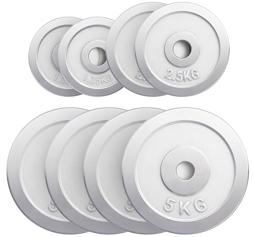 GORILLA SPORTS® Weight Plates - 1,25kg, 2kg, 2,5kg, 5kg, 10kg, 15kg, 20kg, 25kg, 30kg, Single or Set, 30mm, Chrome - Weight Discs, Dumbbell Barbell Weights, Strength Training, Weight Lifting | Individually or as a set, with rounded edges and shiny finish; weight plates fit standard barbells
