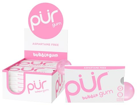 PUR Zahnpflegekaugummi mit 100% Xylit, Zuckerfrei Bubblegum, ohne Aspartam, ohne künstliche Aromen, Glutenfrei, Geeignet für vegane & ketogene Ernährung, 9 Stück (12er Pack)