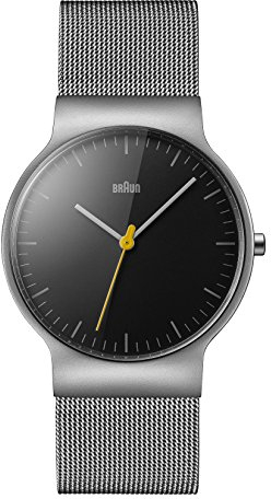 Braun Mens Slim 3-Hand Analogue Quartz Watch, Black Dial and Steel Milanese Mesh Strap, 38mm Stainless Steel Case, Model BN0211BKSLMHG.