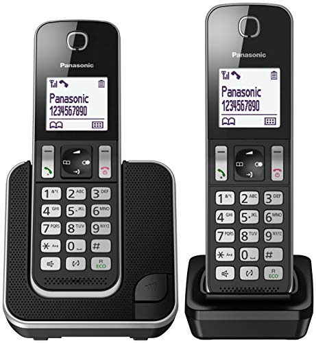 Panasonic KX-TGD312JTB Telefono Cordless Digitale, Unità Base e 2 Ricevitori, Display LCD Bianco, Vivavoce, ID Chiamante, Blocco Chiamate Indesiderate, Modalità Eco Plus, Sicurezza DECT, Nero
