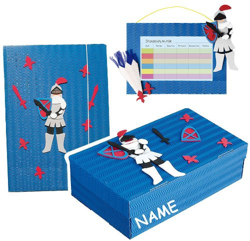 alles-meine.de GmbH 3 TLG. Set: Bastelset Schulbox/Kreativbox + Mappe + Stundenplan - incl. Namen - Ritter - Ritter -Burg Jungen - Schule Basteln Malbox für Kinder/Ze..