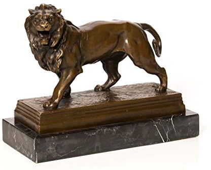 aubaho Bronzefigur Löwe Bronzeskulptur Marmorsockel Figur Lion Skulptur Antik-Stil