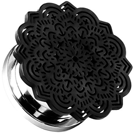Piercingfaktor Ohr Plug Flesh Tunnel Piercing Ohrpiercing Schraub Schraubverschluß Tribal Blume Schwarz 16mm
