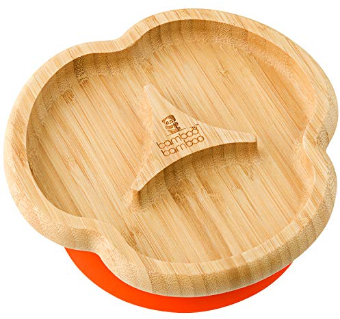 bamboo bamboo Plato Para Bebé Y Niño Pequeño, Plato Dividido De Bambú Con Succión Segura Para Alimentación Y Destete, Vajilla Antideslizante Para Bebés Desde 6 Meses (Dividido, Naranja)