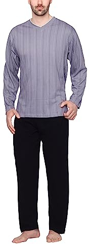 Moonline Herren Schlafanzug lang 100% Baumwolle | Pyjama von Größe M bis 6XL aus weichem Baumwolljersey, langes Homewear-Set gestreiftes Shirt mit V-Ausschnitt, Gummizugbund