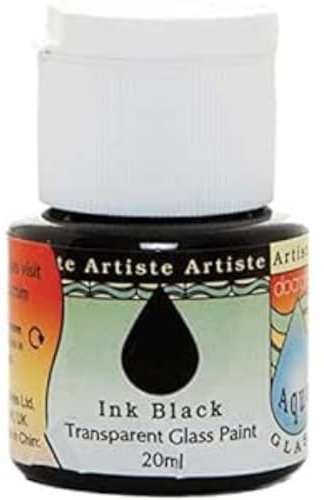 Artiste Glass Paint 20ml Aquaglass Ink Black, Water Based Paints, For Painting On Glass, Perspex, Acetate, Gentle Translucent Finish, Wipe Clean When Wet, Water Proof Once Dry, Glass Crafting