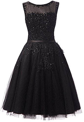 EverBeauties Knielang Damen Abendkleider Perlstickerei Spitze Applique T¨¹ll Kurz Ballkleid Schwarz 36