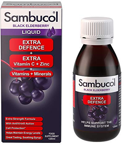 Sambucol Natural Black Elderberry Extra Defence Liquid | Vitamin C, B6 & D | Zinc | Folic Acid & Minerals |Advanced Immune Support Supplement | 120ml