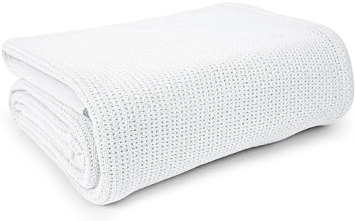 Linteum Textile Supply White Hospital Thermal Blanket 66x90 Inch 100% Cotton, Soft and Cozy, Breathable, Open-Cell Weave Design, All Season Twin Hospital Blanket (1-Pack)
