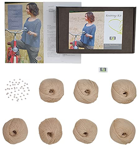 DesignEtte Strickset DIY Sommerpulli Butte Montmartre Strickset mit 10 Knäulen reiner Merino Wolle, incl. Perlen + Anleitung für 7 Dänische Strick und 2 Häkel Designs. Größe L/XL Beige.