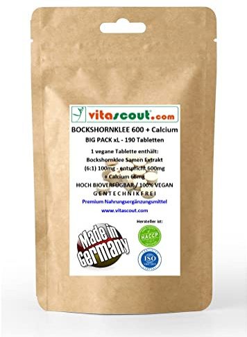 Bockshornklee-Extrakt 600 aktiviert plus 66mg Calcium – 190 vegane Tabletten, 100mg 6:1 Extrakt entspricht 600mg Pulver pro Tablette - LABORGEPRÜFT - 100% GENTECHNIKFREI