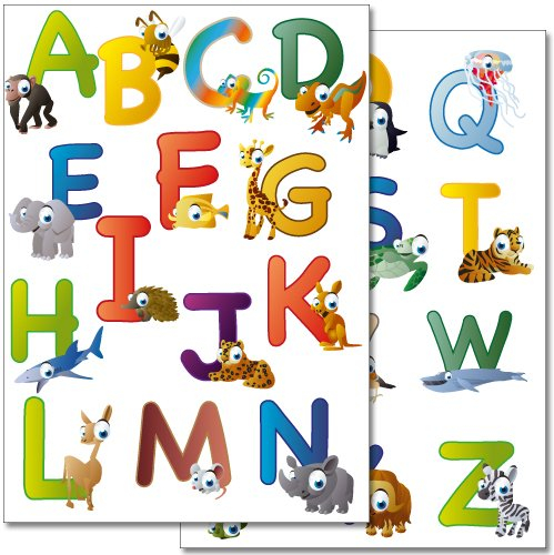 Wandkings Tier ABC Wandsticker Set, 26 Aufkleber, 2 DIN A4 Bögen, Gesamtfläche 60 x 20 cm