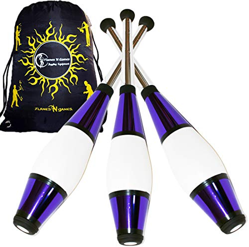Juggle Dream Euro Pro Malabares Clubs Juego de 3 (¡12 Combinaciones de Colores!) ¡Clubes de Entrenamiento Decorativos metálicos + Bolsa de Viaje Flames N Games! (Morado)