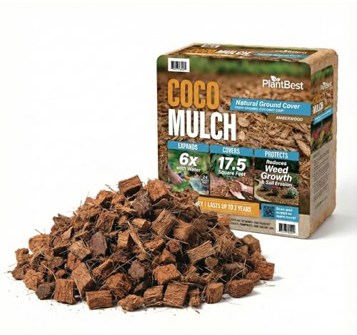 PlantBest Coco Mulch Compressed Block 9.1 lb – Expands to 64 Quarts and Up to 17.5 Sq. Feet, Organic Coconut Mulch for Landscaping, Garden Beds, Trees, Plants & Weed Control