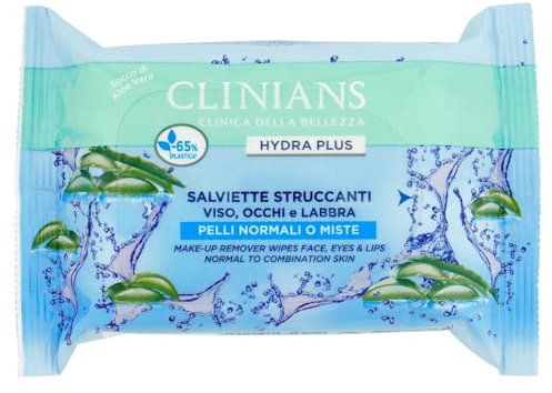CLINIANS | Lingettes démaquillantes Hydra Plus, testées sous contrôle ophtalmologique, Made in Italy, paquet de 25 lingettes